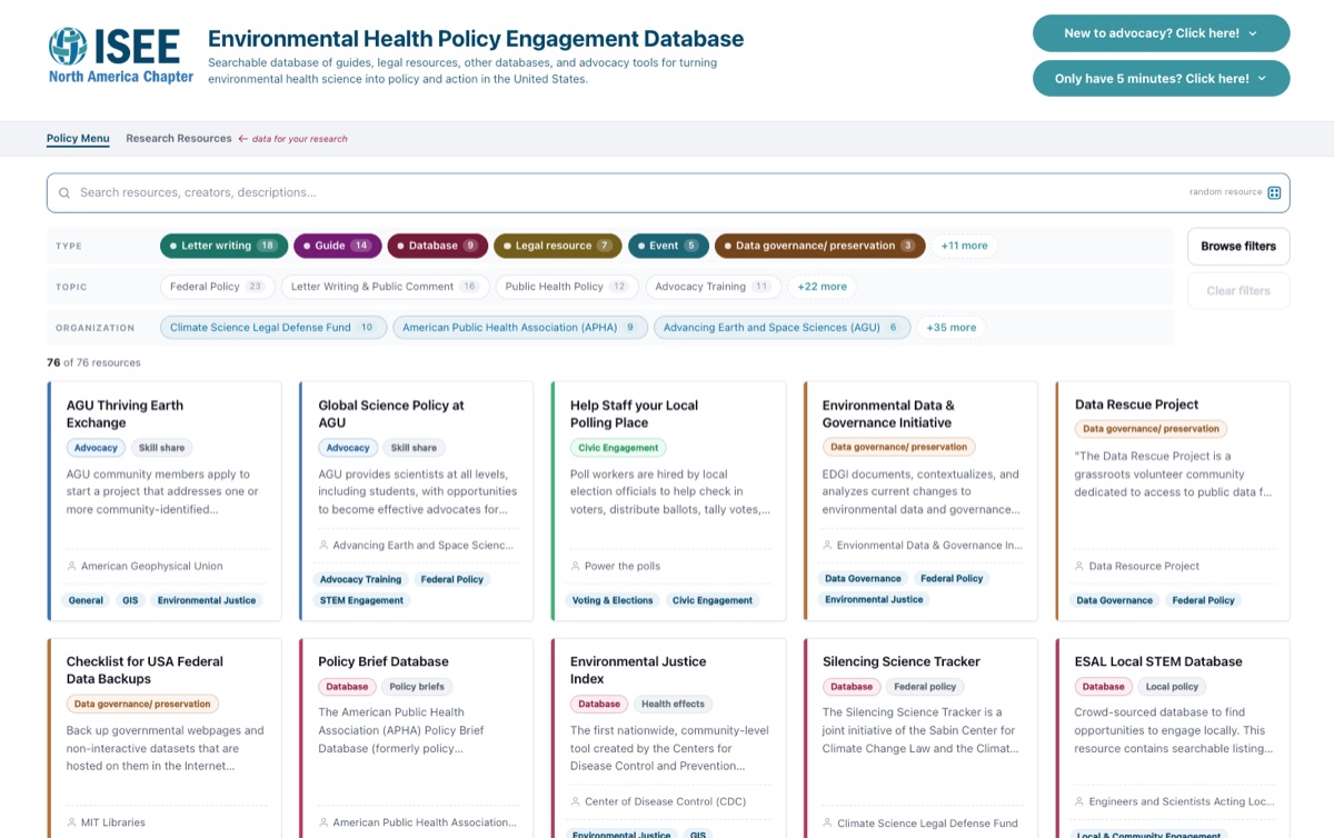 Screenshot of the Environmental Health Policy Engagement Database
